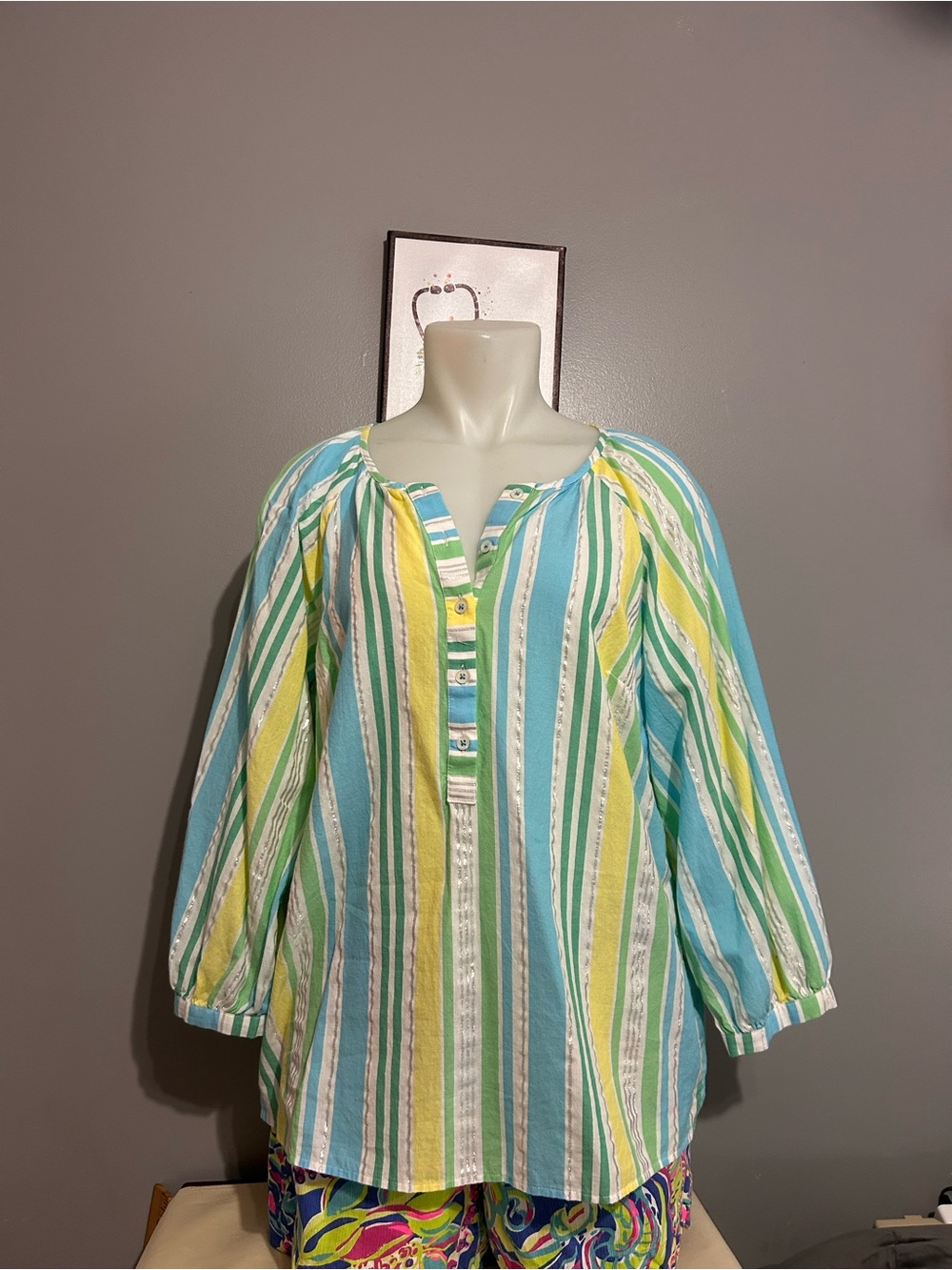 TALBOTS Striped Cotton Blend Top Multicolor 3/4 Sleeve Women Medium Henley Neck